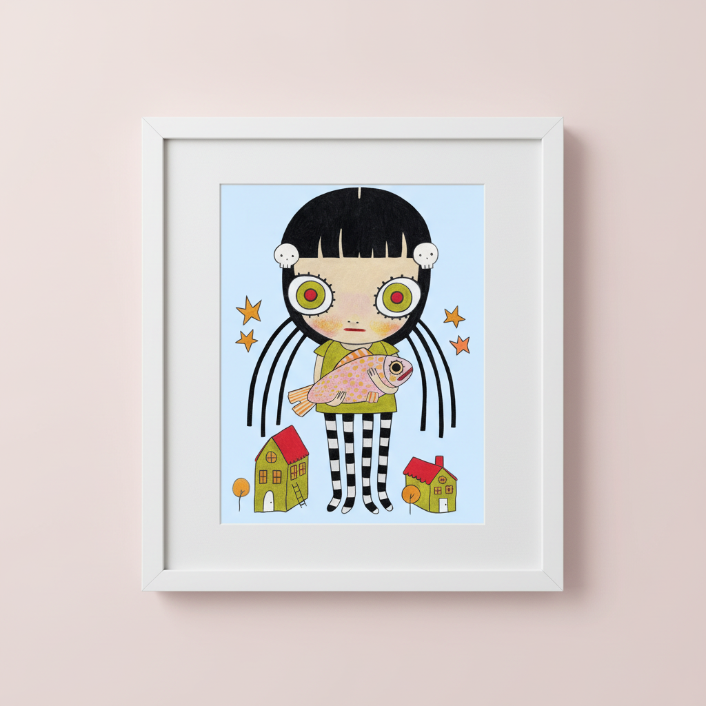 Fish girl print framed