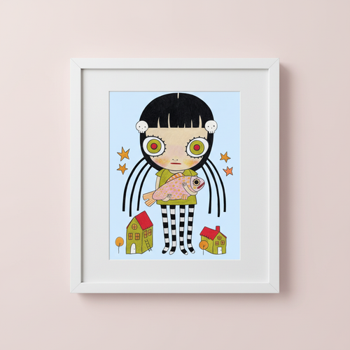 Fish girl print framed