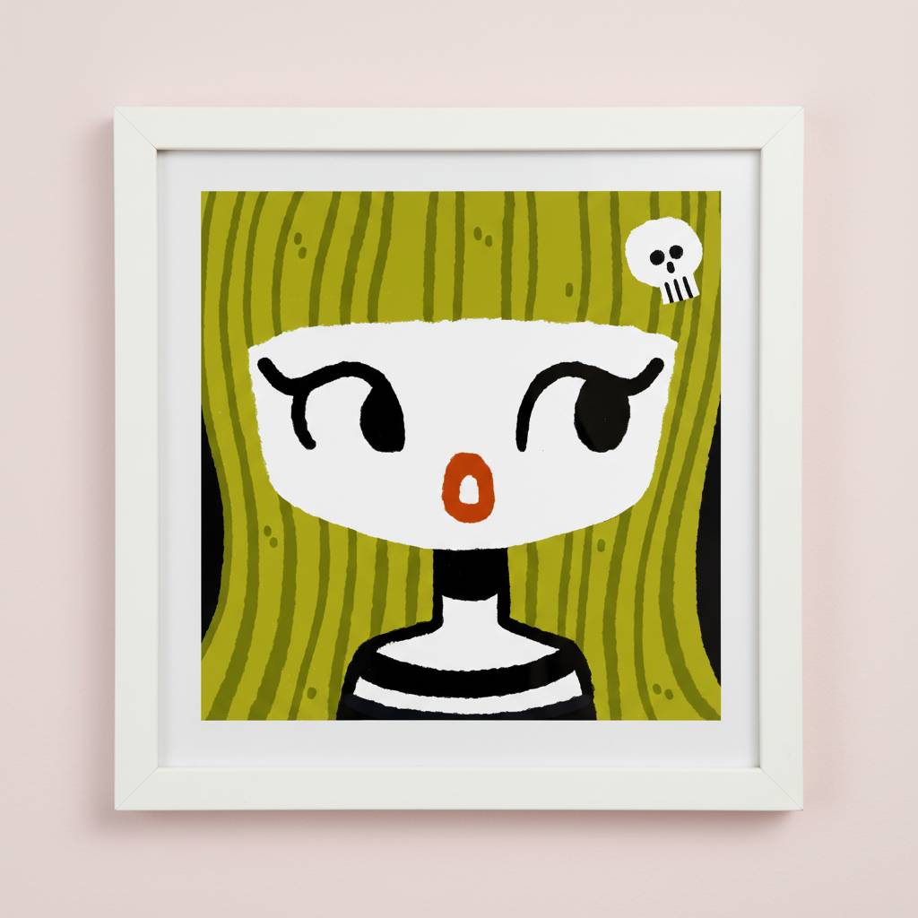 Green hair girl print close-up